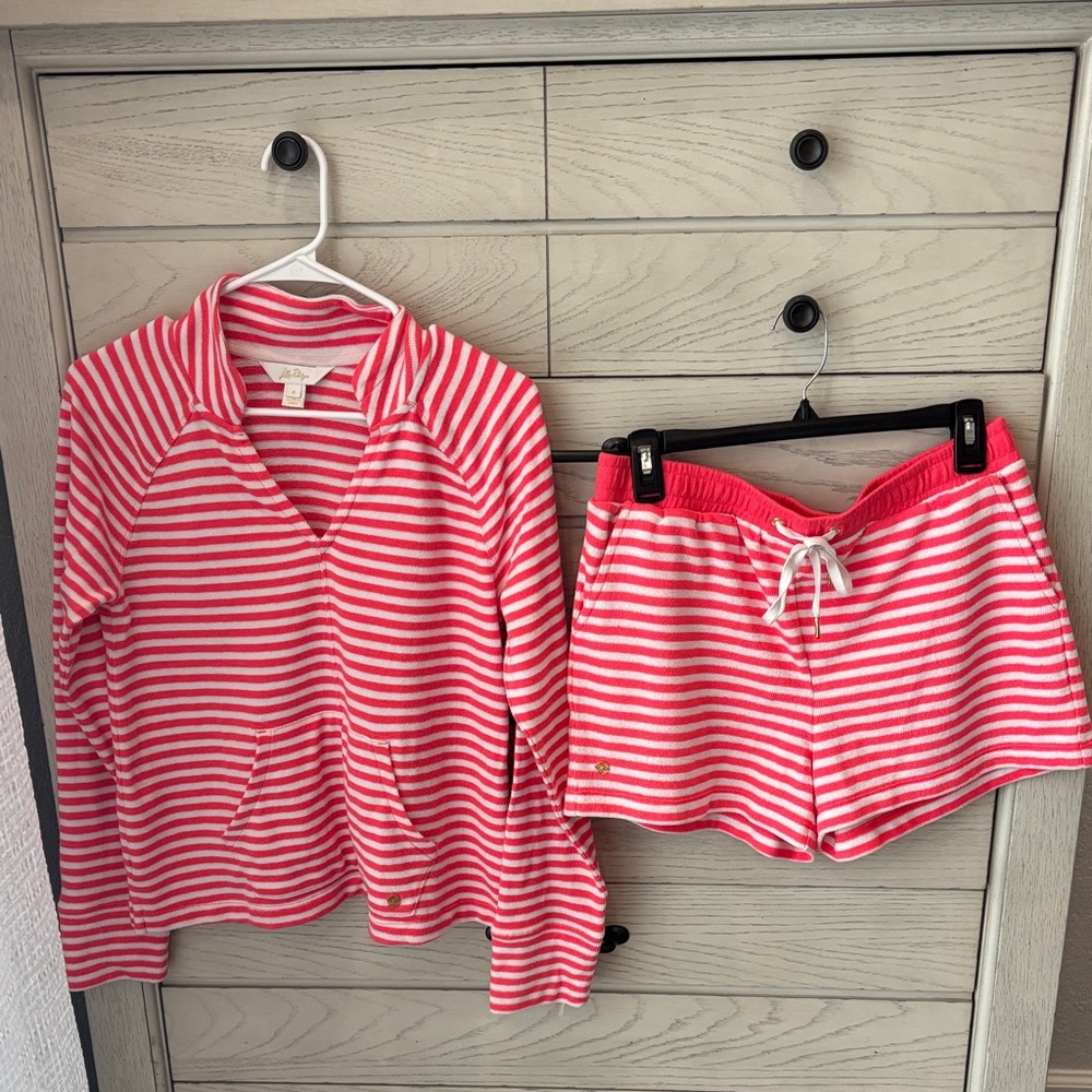 Lilly Pulitzer orange and  Pink and White Striped Sweatshirt and shorts (set)